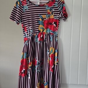 Tickled Teal Striped Floral Kids Dress